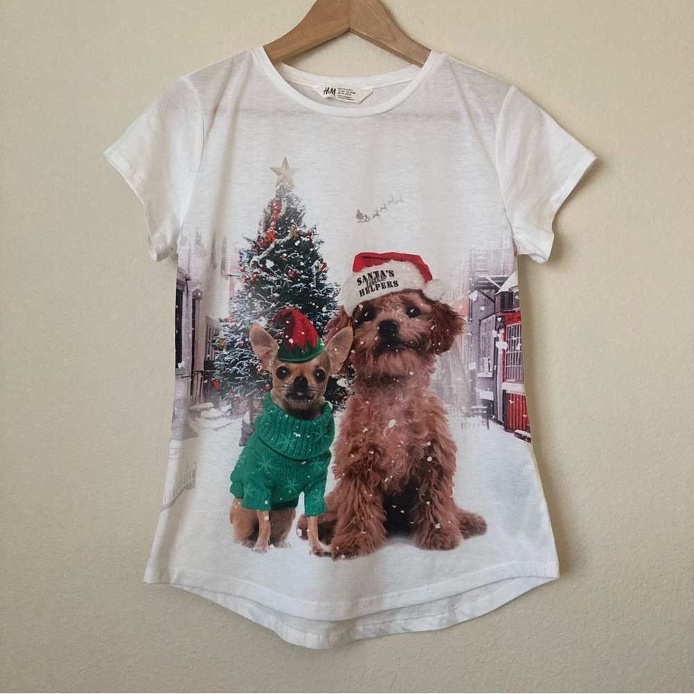 Christmas H&M White T-Shirt with Christmas Dog Print | New without Tags